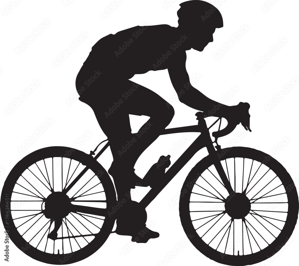 Obraz premium Silhouette cyclist with helmet pedals racing bicycle during competitive road race event on transparent background