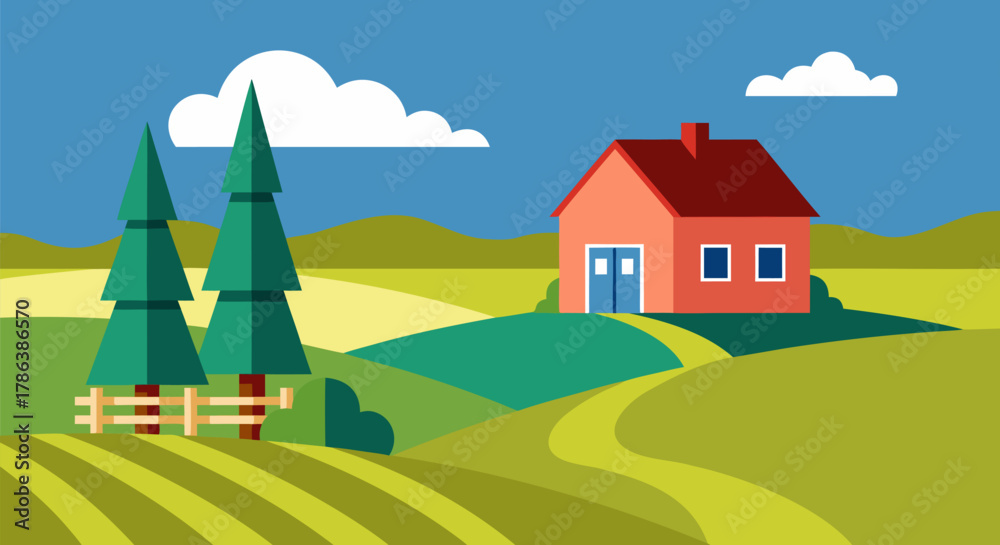 Naklejka premium Rural Landscape Illustration with House, Trees, and Scenic Rolling Hills