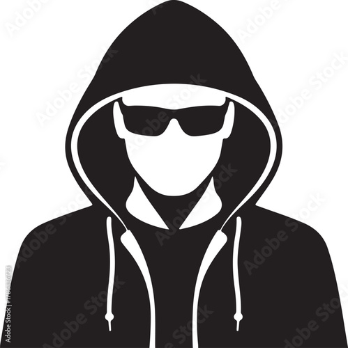 Silhouette depicts an anonymous figure wearing sunglasses and a hoodie with transparent background