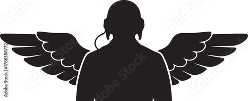 Silhouette depicts person with wings, bald head, and communication earpiece, all over transparent background
