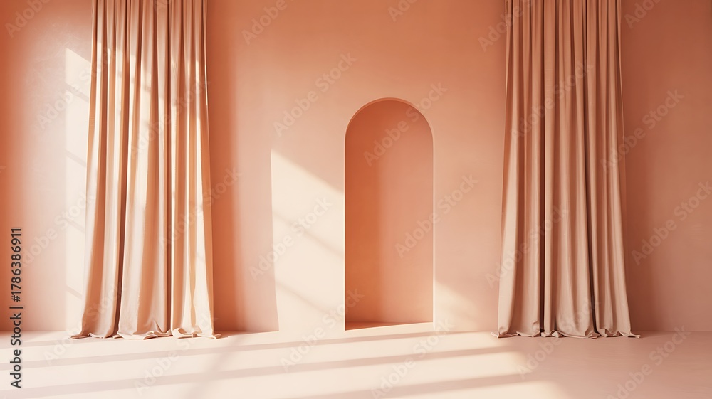 Fototapeta premium Peach Colored Room with Archway and Drapes Illuminated by Sunlight