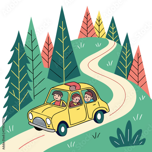 Family driving in a yellow car on a winding road through a forest with various colored trees illustration