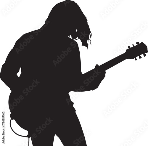 Silhouette portrays a musician passionately playing his electric guitar, his long hair flowing freely, transparent background