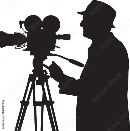 Silhouette shows an older man with a hat working an oldfashioned camera