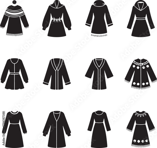 Collection of diverse clothing icons, including various dresses, coats, and jackets Vector