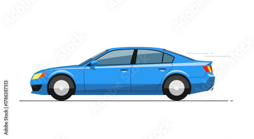 Blue sedan car illustration in a flat vector style isolated on a white background for transportation and design projects