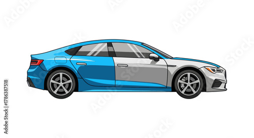 Blue and silver sedan car illustration modern vehicle design isolated on white background