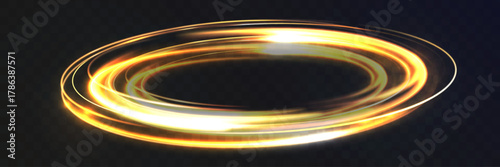 Speed vortex glowing golden light rings with luminous motion trails, swirling energy circles, bright shining loops, dynamic light motion effect, futuristic golden swirl design.