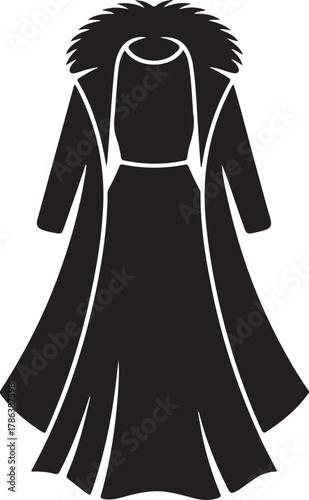 Elegant black silhouette of a full-length gown with a fur-trimmed cape or cloak. Vector
