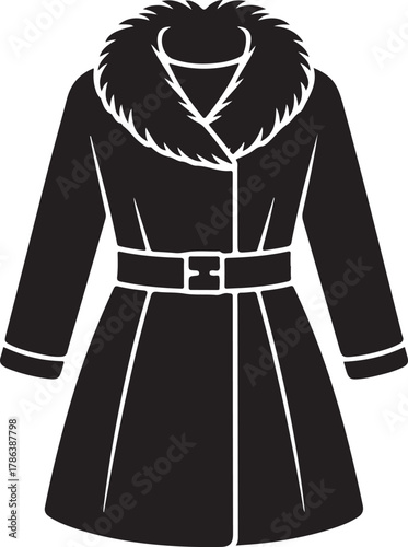 Stylish black winter coat with luxurious fur collar and belt, classic outerwear icon design Vector