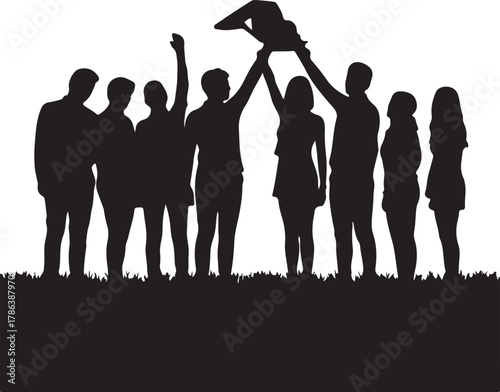 Silhouetted figures gather on grass, cheering and lifting a teammate aloft in celebration