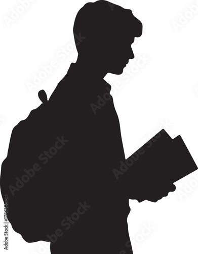 Student silhouette with backpack reads a book, the young person depicted in dark shadow