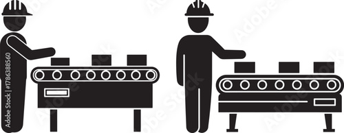 Factory workers operating a conveyor belt silhouette