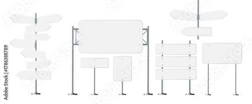 Road, traffic signs. Highway signboard on metal pole. Blank white board with place for text. Directional signage and way finder. information sign vector mockup.