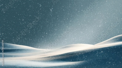 Serene winter landscape with soft glowing light illuminating snow covered rolling hills during a gentle snowfall