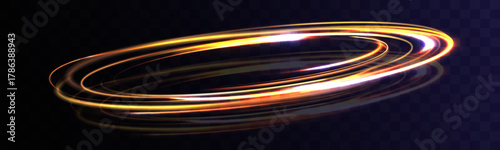 Speed vortex glowing golden light rings with luminous motion trails, swirling energy circles, bright shining loops, dynamic light motion effect, futuristic golden swirl design.