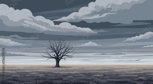 Stark solitary bare tree stands in vast dry grassland under dramatic stormy skies creating powerful brooding atmospheric landscape