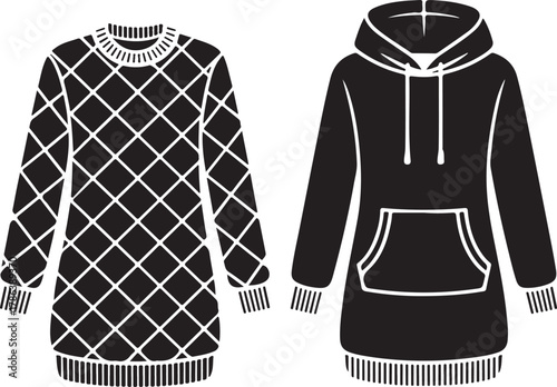 Black and white outline of cozy patterned sweater and casual hooded sweatshirt Vector