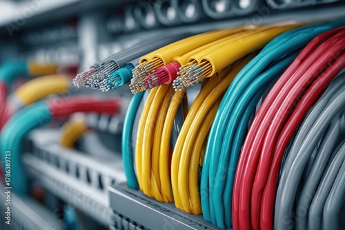 Close up view of organized electrical wiring and cables