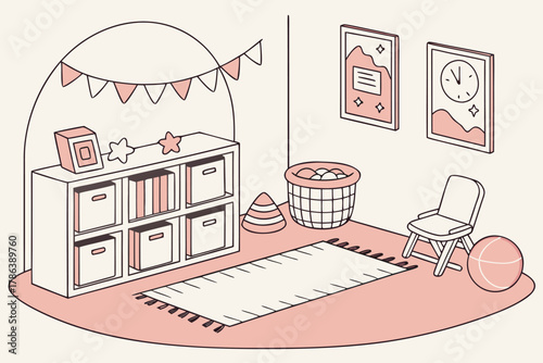 Minimalist kids playroom with pastel tones and simple furniture, flat 2D vector illustration