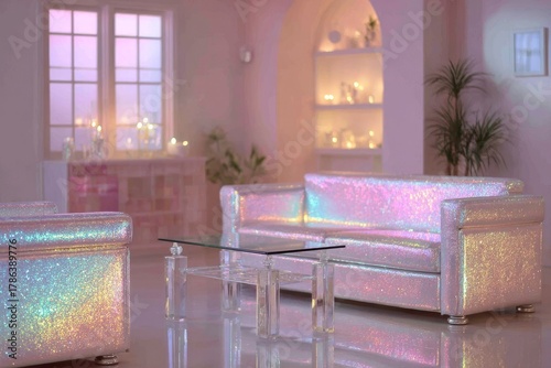 Fantasy interior design, living room with shimmering, glitter-covered furniture, a glass table, and soft pink/purple lighting. Futuristic aesthetic, dreamy home decor, holographic effect.