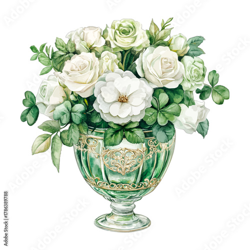 Watercolor Elegant White Roses Floral Arrangement in Green Goblet Vase Clipart Vector
