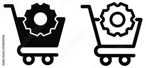 Shopping cart with gear icon set in solid and outline styles. Vector illustration representing e-commerce settings, online shop configuration, digital marketing, business automation, retail management