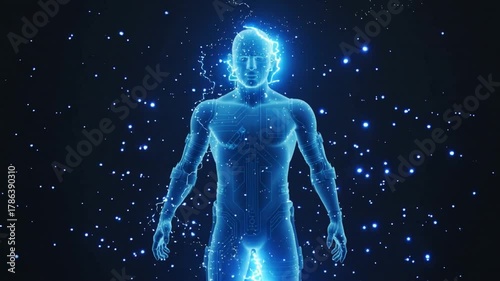 Humanoid Figure Composed of Digital Circuits and Lightning Strikes.