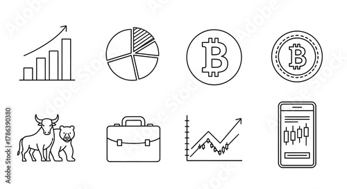 Line vector icons for investment, stock market, and crypto finance, including bar graph, pie chart, bitcoin, bull and bear, portfolio, line trend, trading app, clean outline, monochrome