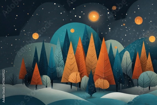Whimsical night landscape with glowing lanterns illuminating stylized trees and rolling hills under a starry sky