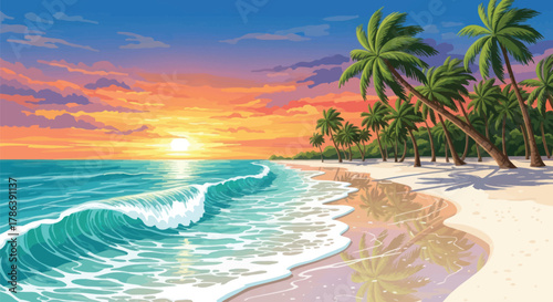 Stunning tropical beach sunset with vibrant orange sky, gentle waves, and swaying palm trees casting shadows on white sand