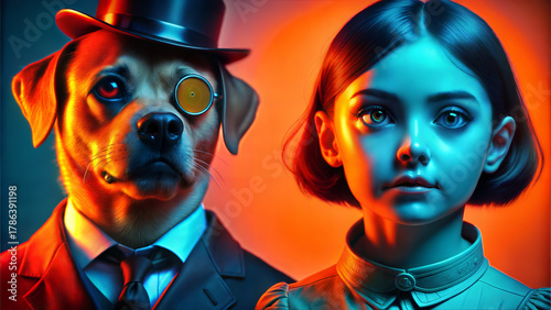 Dog in a top hat and monocle with a curious girl in a surreal colorful background