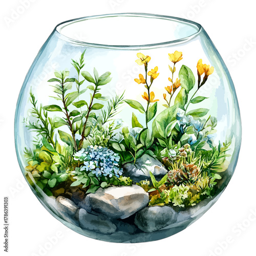 Watercolor Glass Terrarium Miniature Garden with Wildflowers and Stones Vector Clipart
