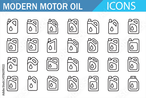 Modern motor oil outline icons set with fuel cans and lubricant bottles