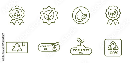 Eco Recycling and Composting Outline Icon Set, Vector