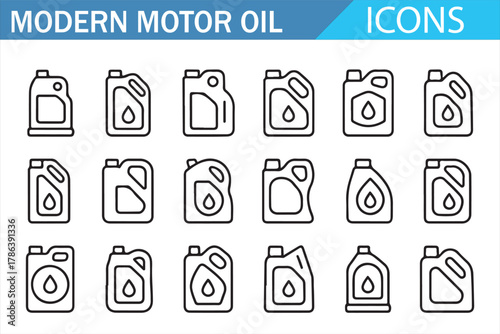 Collection of modern motor oil linear icons showing oil cans, fuel containers, lubricant bottles, and automotive fluid symbols in editable stroke outline style for car maintenance, repair, and mechani