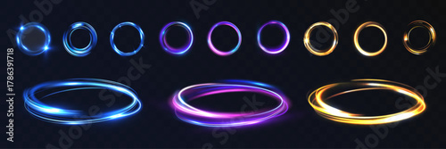 Vortex speed glowing light rings set, vibrant neon energy circles, luminous motion halos, colorful magic portal loops, futuristic shining effects on dark transparent background.
