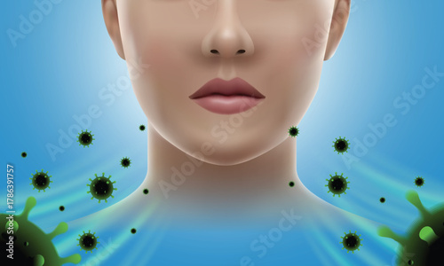 Woman's face surrounded by virus or bacteria. Skin protection concept from germs and pollution