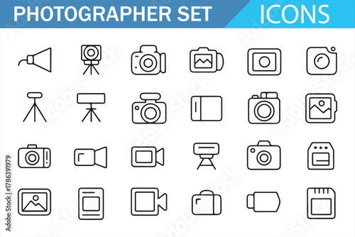 Vector linear icons of photo gear, digital cameras, and creative tools