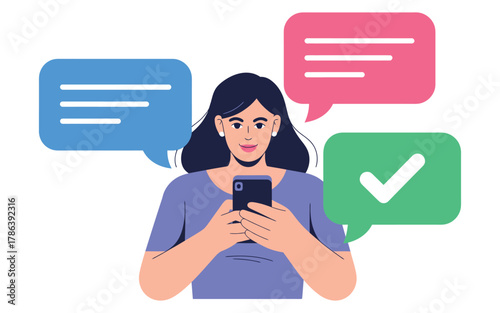 A woman is using her smartphone to send and receive messages with speech bubbles.