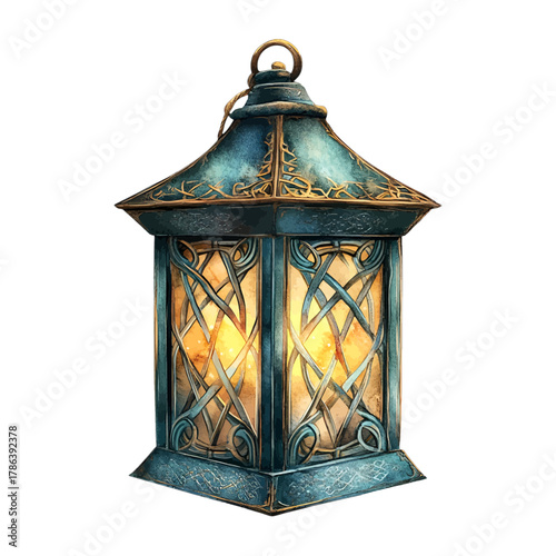 Watercolor Rustic Celtic Blue Lantern with Warm Light Vector Clipart
