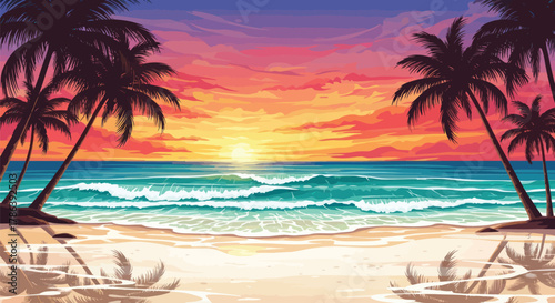 Vibrant tropical sunset paints the sky with fiery hues over gentle ocean waves and silhouetted palm trees on a serene beach paradise.