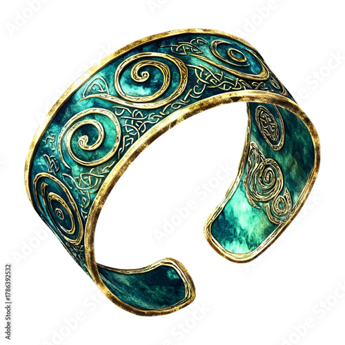Watercolor Celtic Spiral Cuff Bracelet Blue Green Patina Vector Clipart
