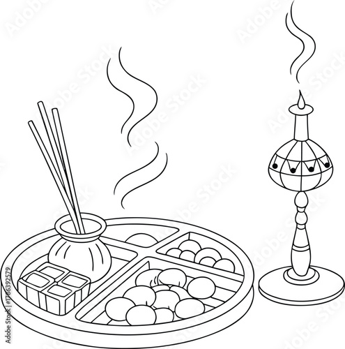 Incense sticks offering tray with candle for puja ceremony it represents purification in culture