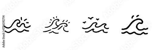 Ocean Waves Line Icon Set In Doodle Style. Sea, Surf, And Marine Life Outline Sketch Collection. Coastal And Nautical Theme. Hand Drawn Isolated Vector Illustration