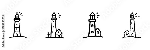 Lighthouse Line Icon Set In Doodle Style. Coastal Navigation, Safety, And Maritime Guidance Outline Sketch Collection. Nautical And Seaside Theme. Hand Drawn Isolated Vector Illustration