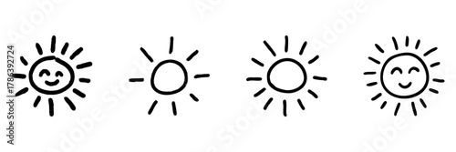 Smiling Sun Line Icon Set In Doodle Style. Cheerful Weather, Happiness, And Positivity Outline Sketch Collection. Hand Drawn Isolated Vector Illustration