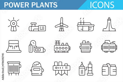Electric infrastructure and renewable energy linear icons collection