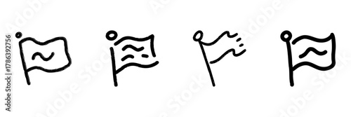 Waving Flags Line Icon Set In Doodle Style. Symbol Of Celebration, Victory, And Communication Outline Sketch Collection. Decorative And Informative Elements. Hand Drawn Isolated Vector Illustration