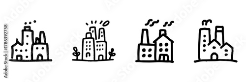Factory And Industrial Building Line Icon Set In Doodle Style. Manufacturing, Production, And Industry Outline Sketch Collection. Urban Development. Hand Drawn Isolated Vector Illustration